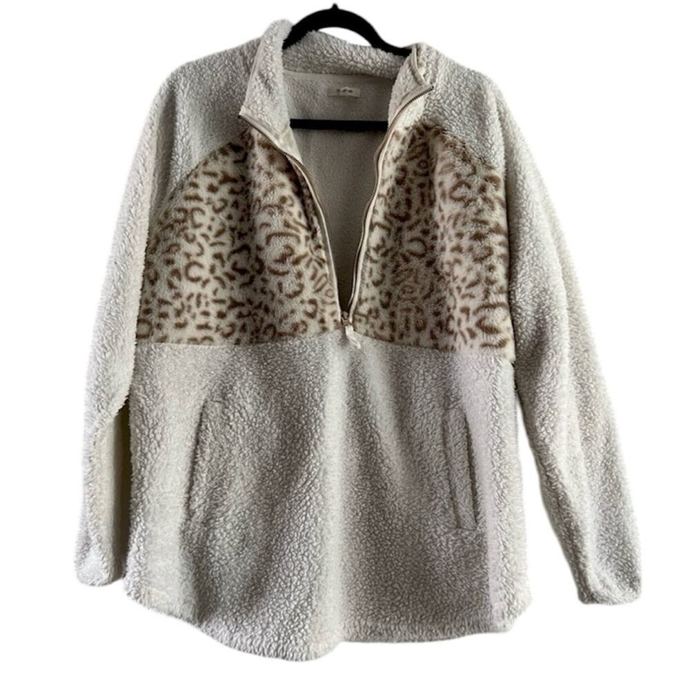 Maurices Cream and Animal Print Fleece Half Zip Pullover Sweater Womens XL